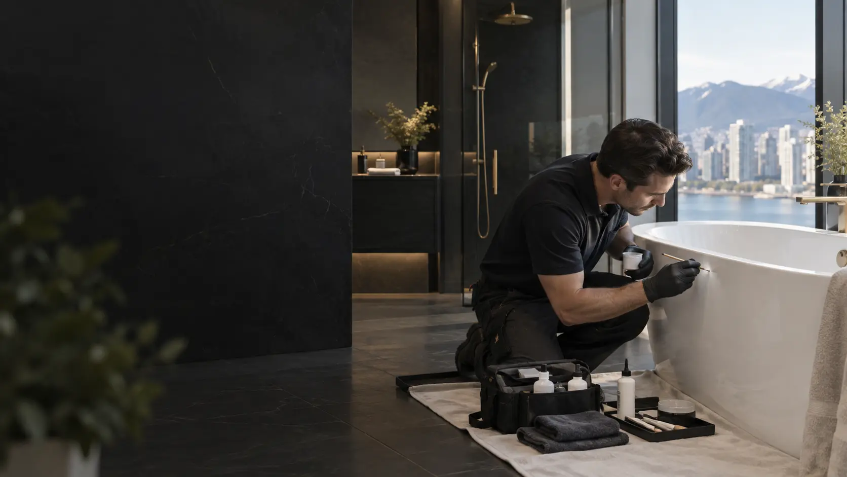 Specialist repairing an enamel chip in a premium Vancouver bathroom