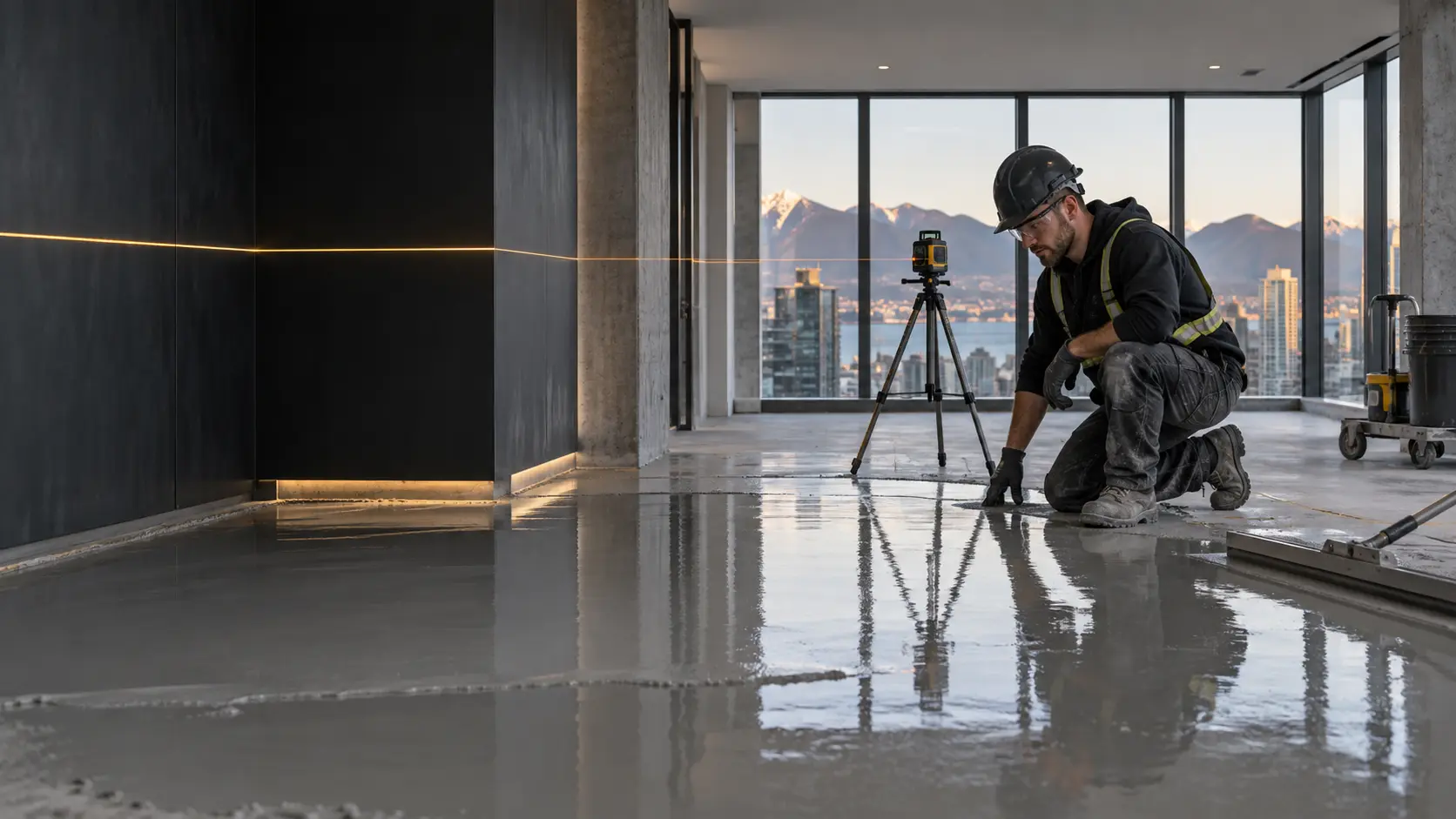 Laser-guided floor leveling in a Vancouver condominium